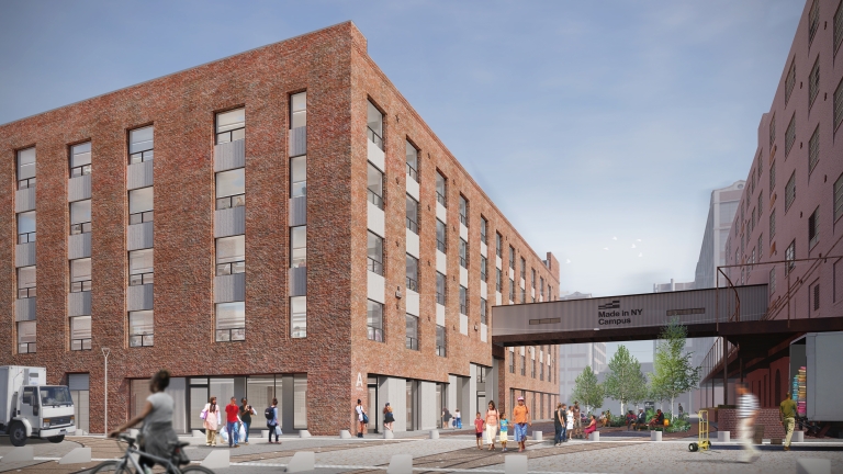 Modern brick building with large windows stands along a New York City street. People walk and gather outside, and a cyclist passes in the foreground. A sign overhead reads, “Made in NY Campus.” Trees and benches line the area. Modern brick building with large windows stands along a New York City street. People walk and gather outside, and a cyclist passes in the foreground. A sign overhead reads, “Made in NY Campus.” Trees and benches line the area.
