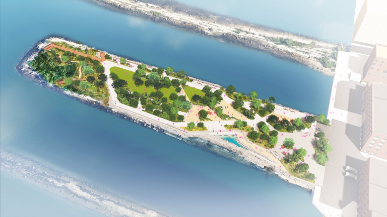 Aerial view of a lush park on Pier 6 featuring a serene small island surrounded by greenery and pathways.